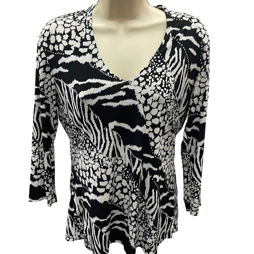 Linda Leal Womens Animal Print V-Neck 3/4 Sleeve Blouse Black White Zebra Top